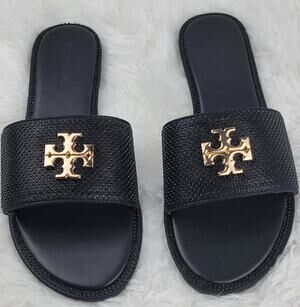 Designer Women Sz 9W 40 Sandals Black Bling Crystals Gold Logo Tory Slides NIB